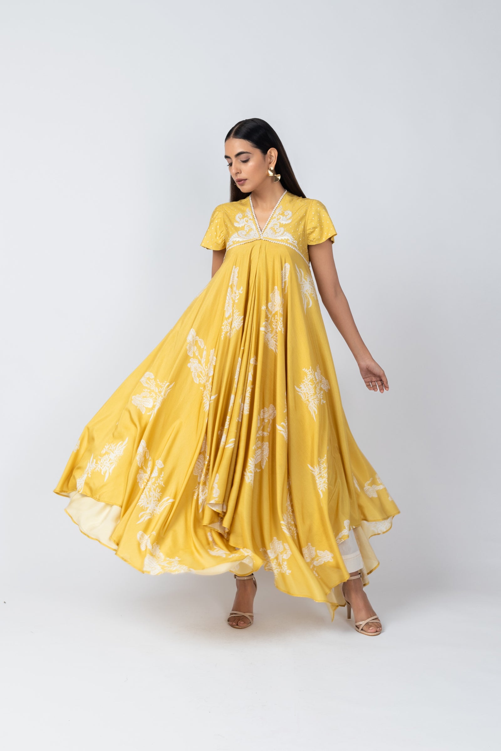 Floral Embroidered Yellow Kurta with Ivory Straight Pants