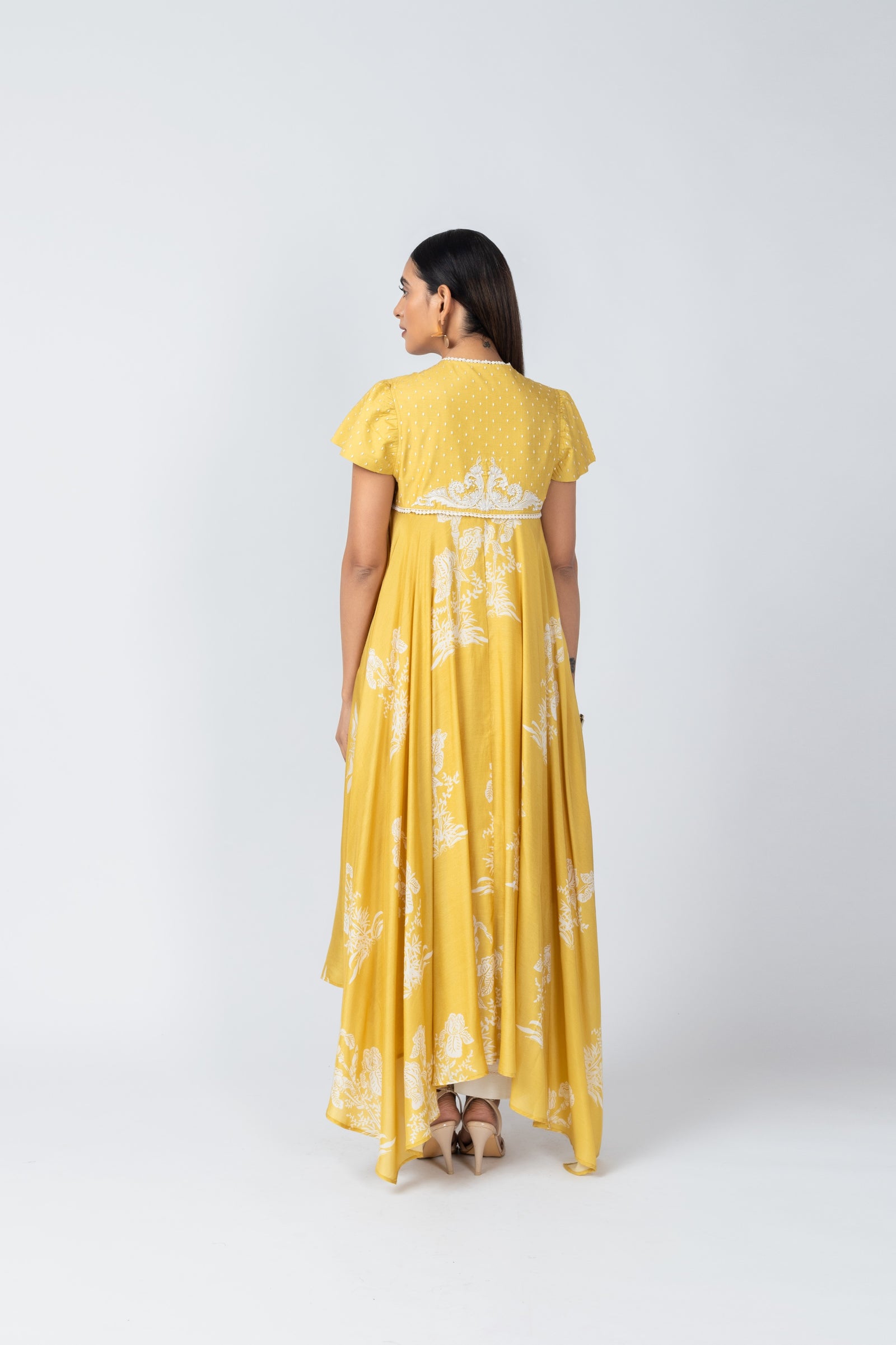 Floral Embroidered Yellow Kurta with Ivory Straight Pants