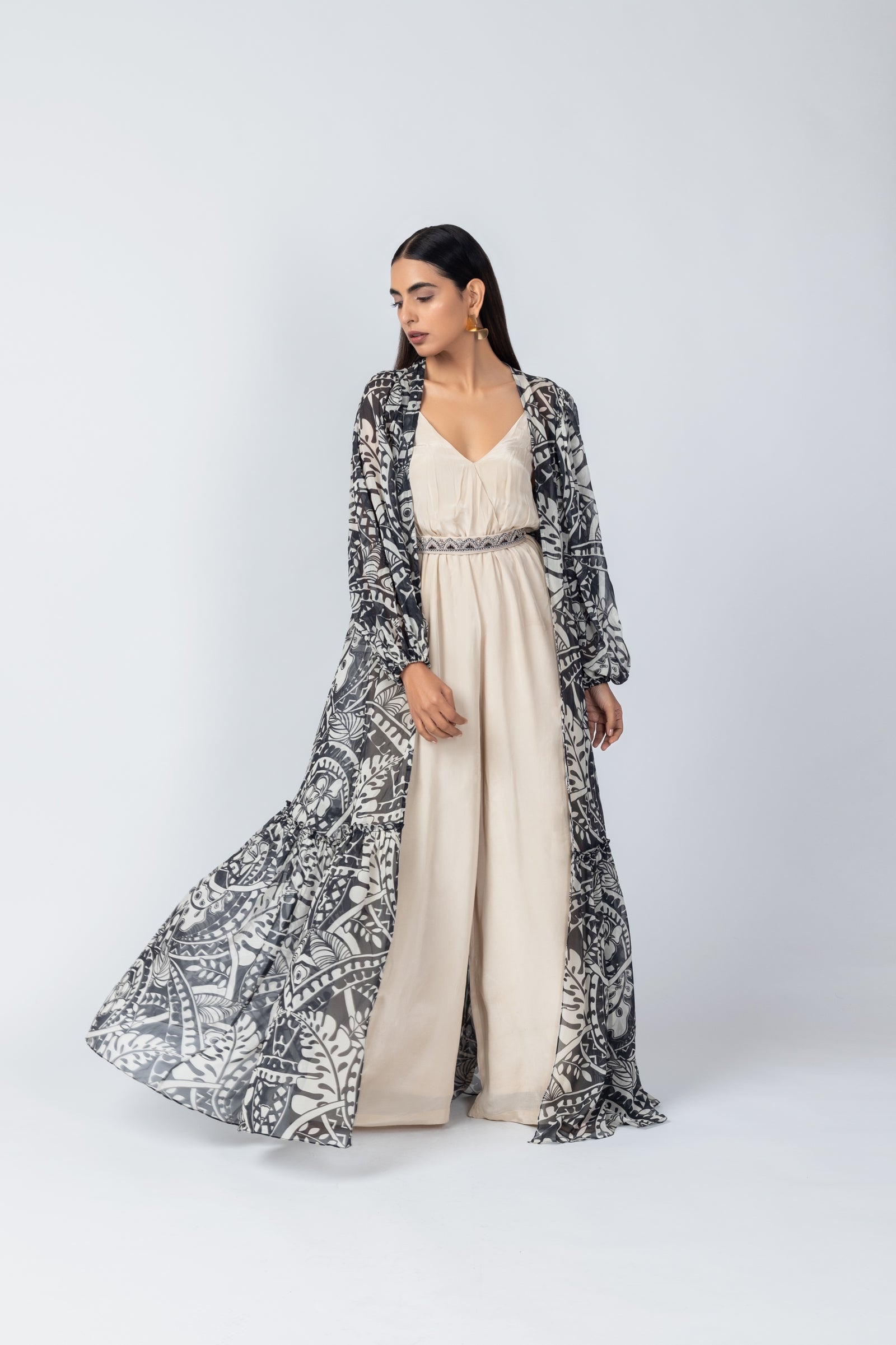 Geometric Motif Jumpsuit with Flowy Printed Jacket