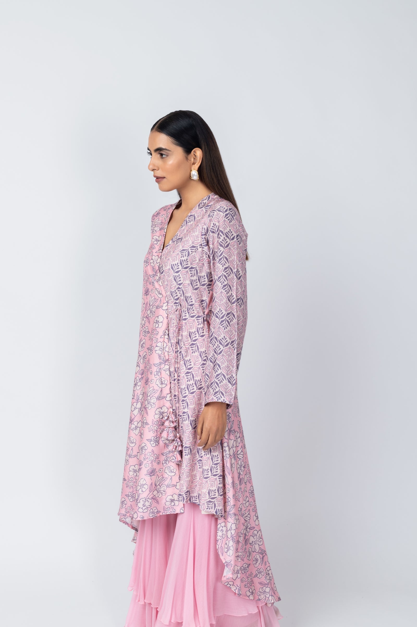 Wrap Asymmetric Printed Kurta with Baby Pink Sharara