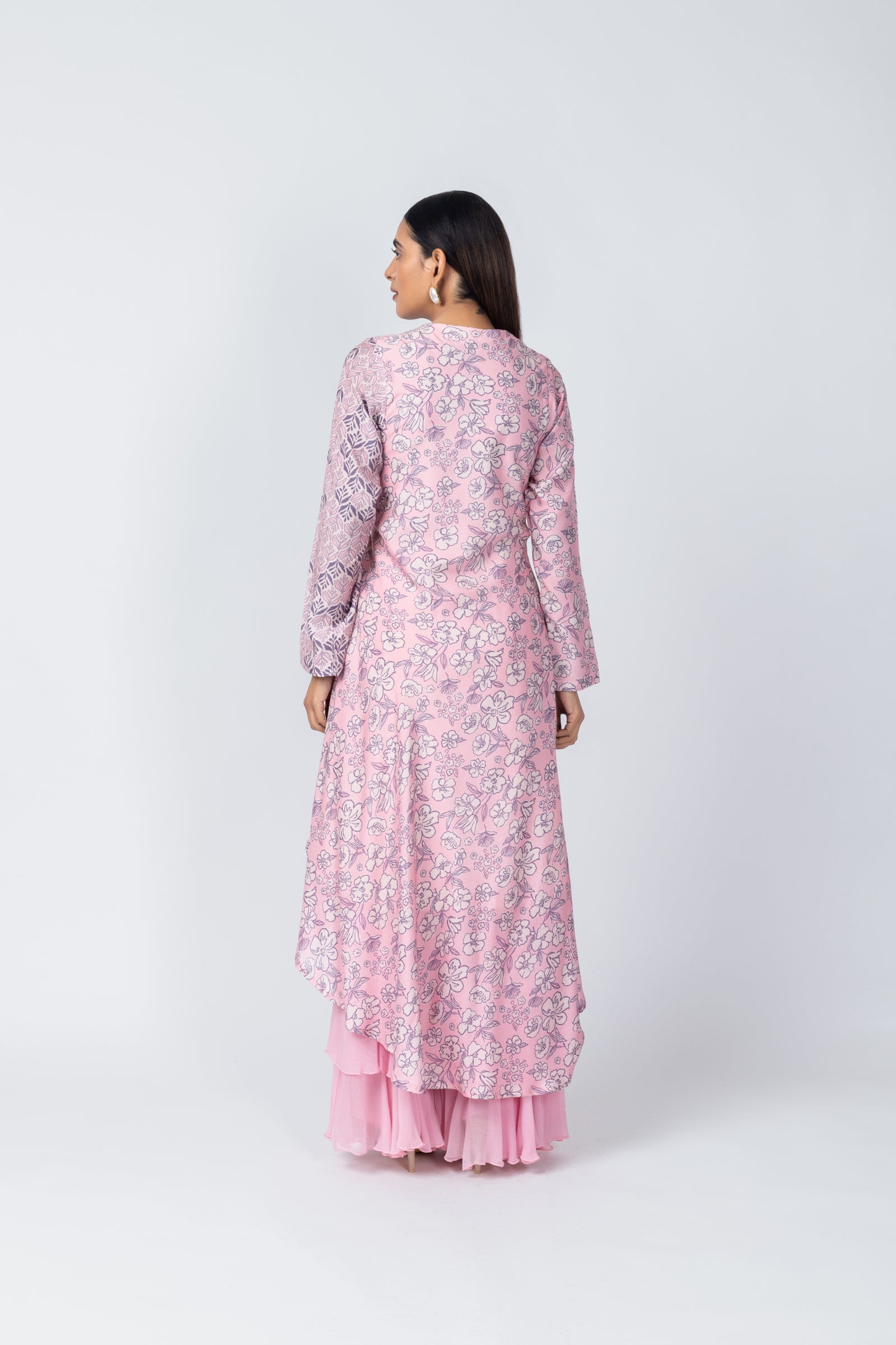 Wrap Asymmetric Printed Kurta with Baby Pink Sharara