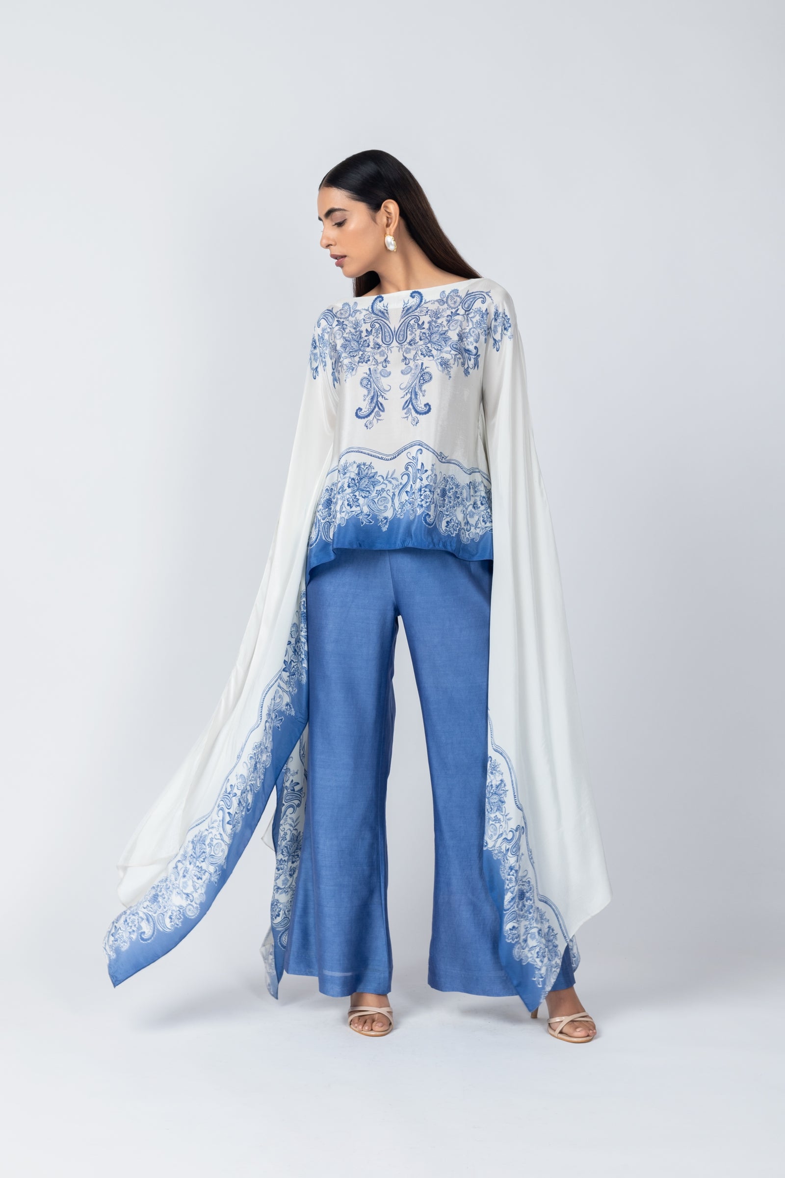 Ivory & Blue Flowy Cape Sleeves Top with pant