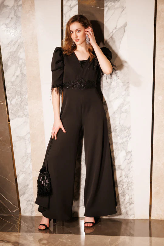 Black J.s With V-neck Mesh Belt And Puffed Sleeves With Feather