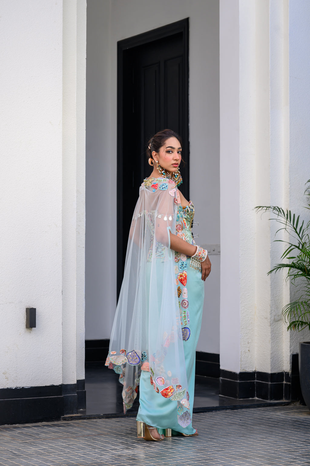 Gardenia Highlighted Corset With Dhoti Skirt And Cape