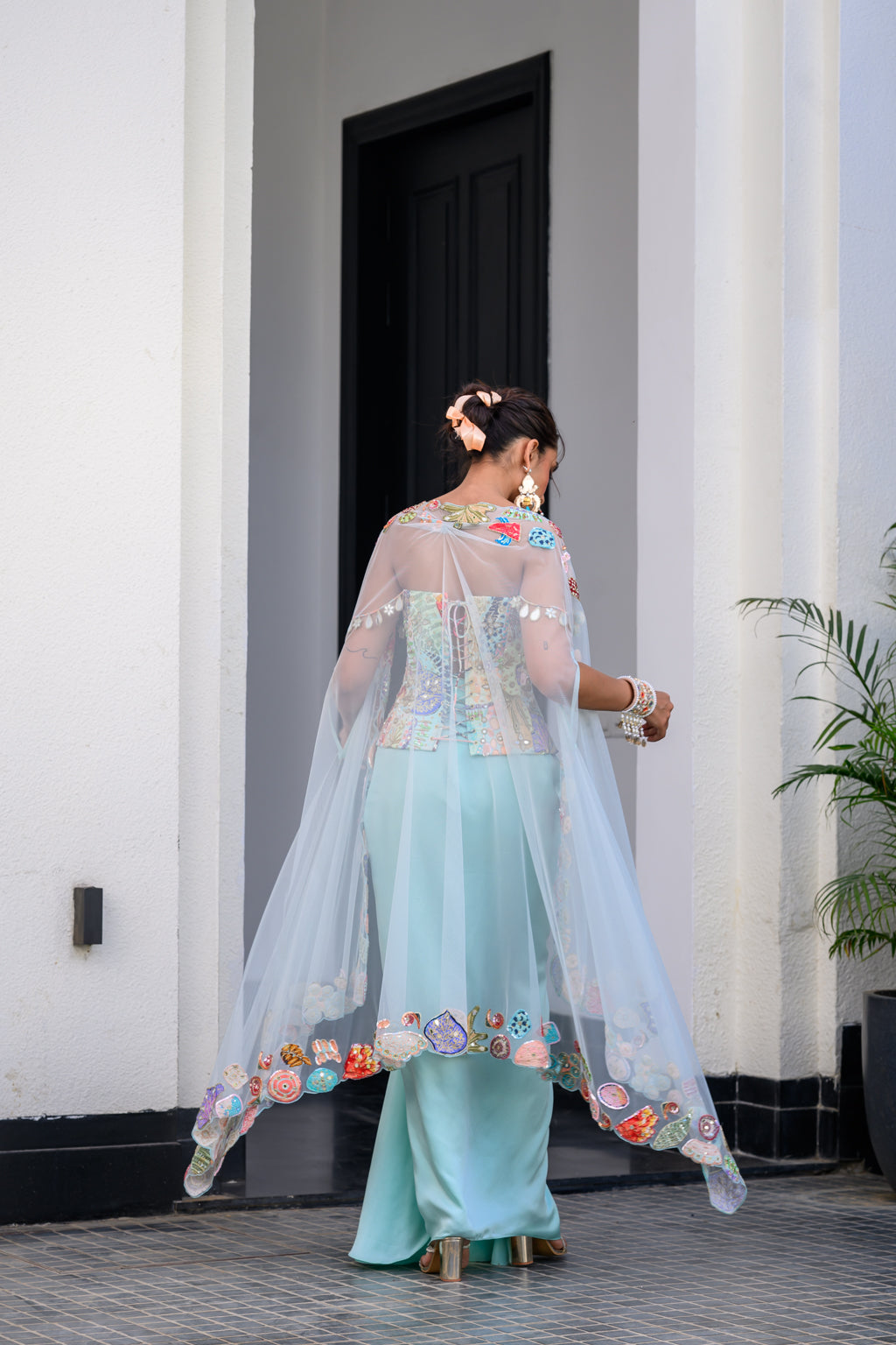 Gardenia Highlighted Corset With Dhoti Skirt And Cape
