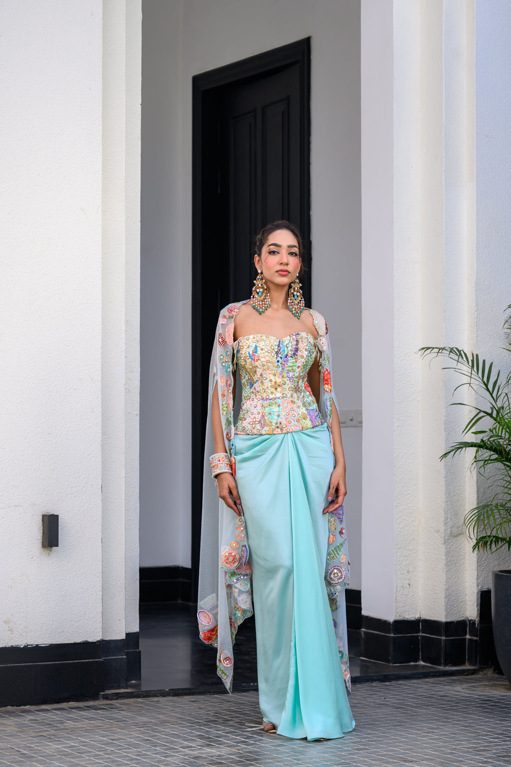 Gardenia Highlighted Corset With Dhoti Skirt And Cape
