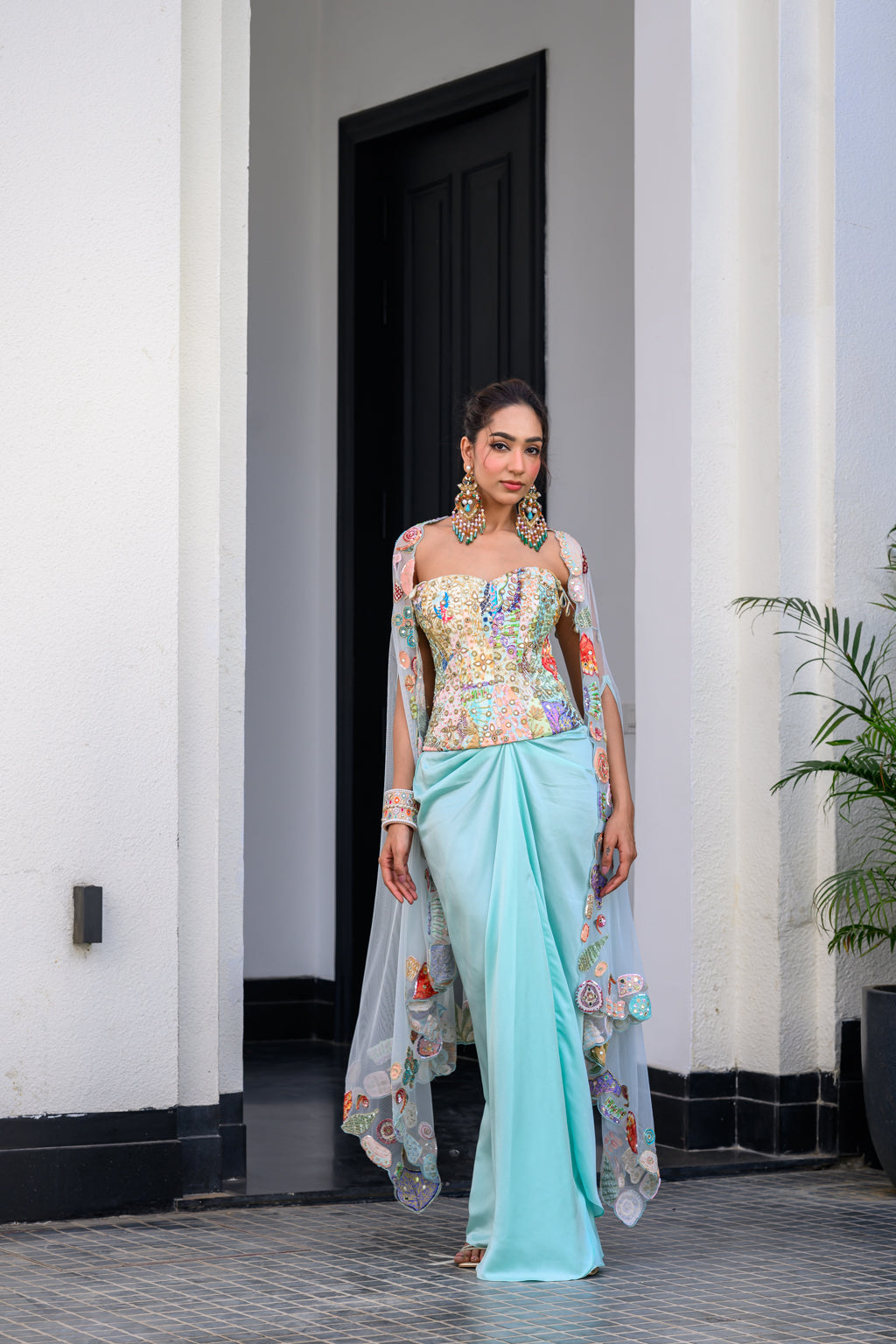Gardenia Highlighted Corset With Dhoti Skirt And Cape