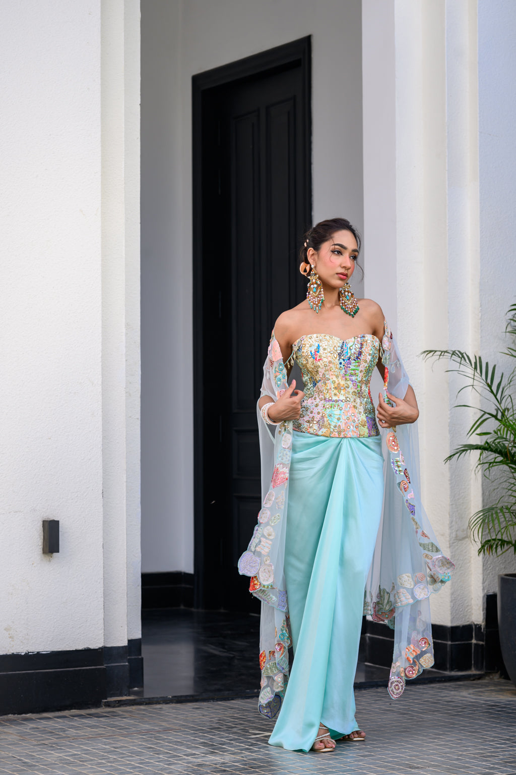 Gardenia Highlighted Corset With Dhoti Skirt And Cape