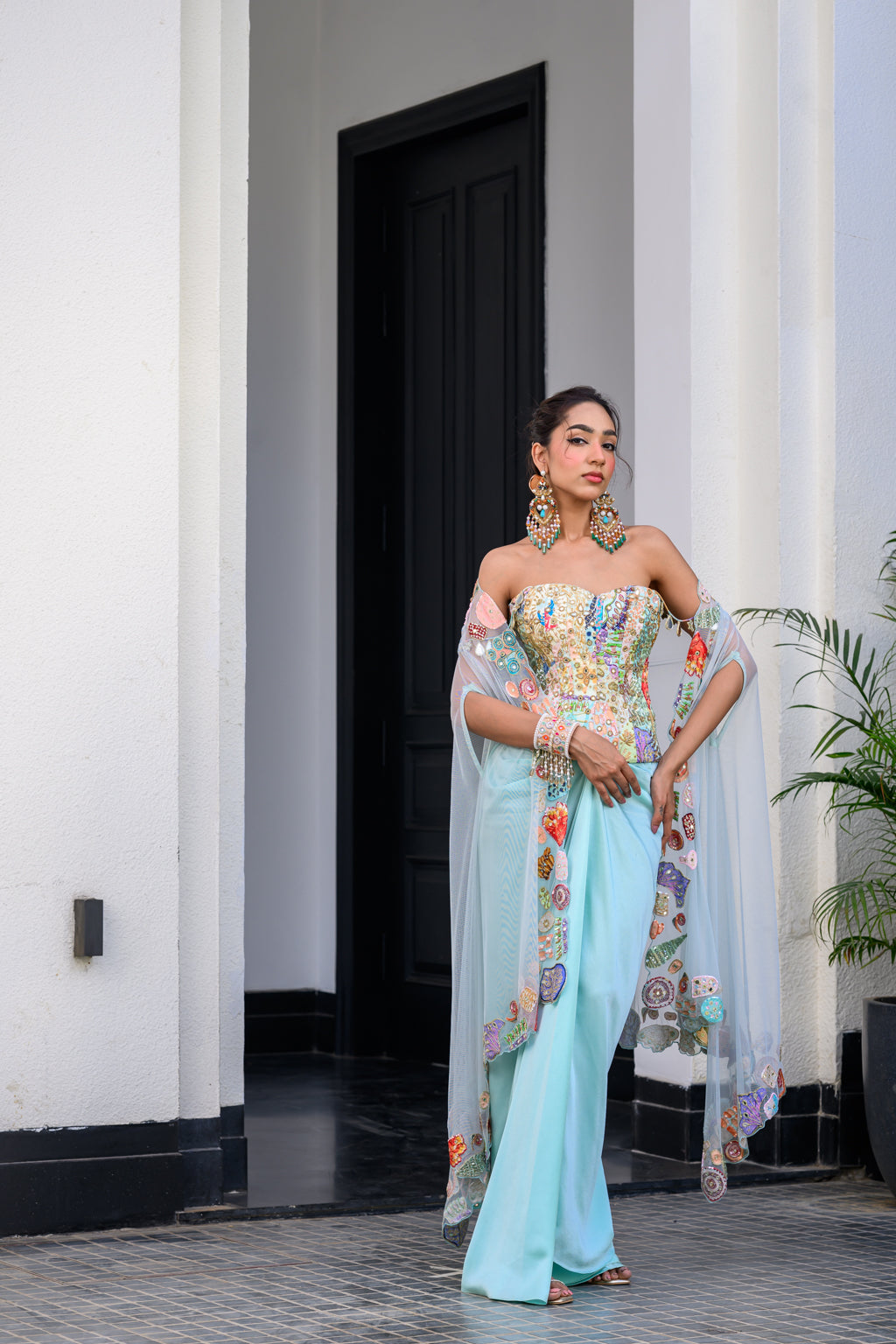 Gardenia Highlighted Corset With Dhoti Skirt And Cape
