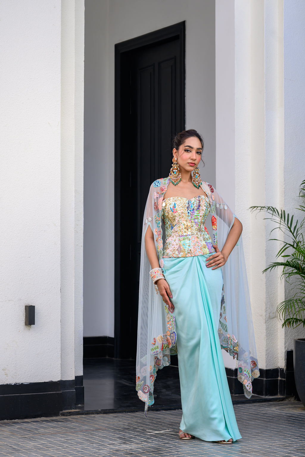 Gardenia Highlighted Corset With Dhoti Skirt And Cape
