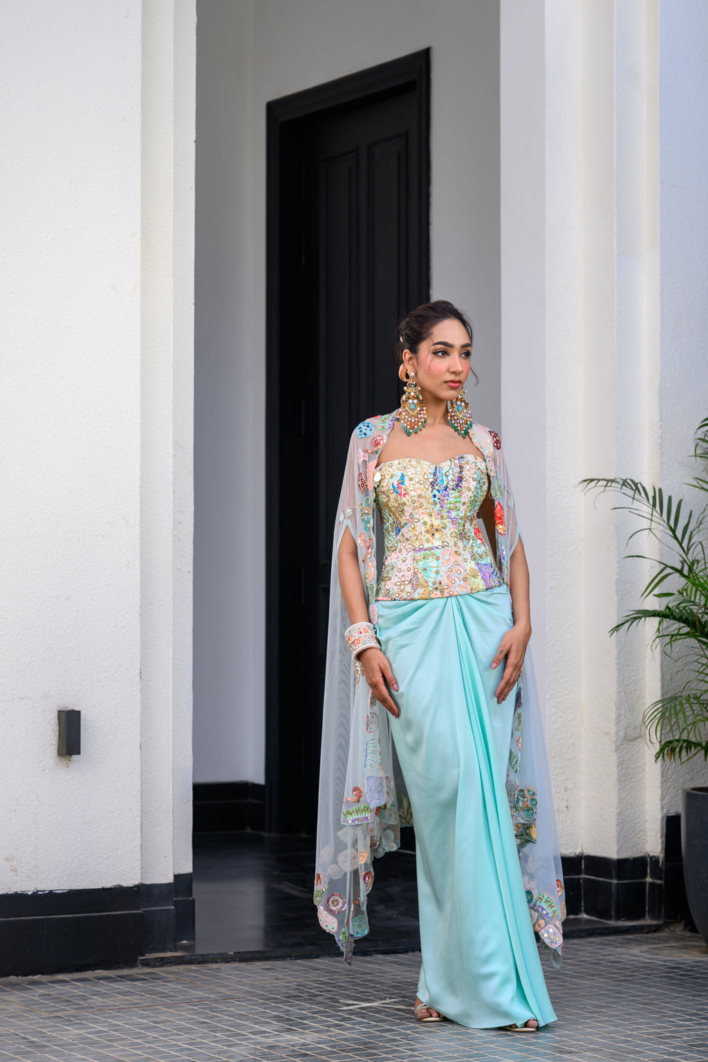 Gardenia Highlighted Corset With Dhoti Skirt And Cape