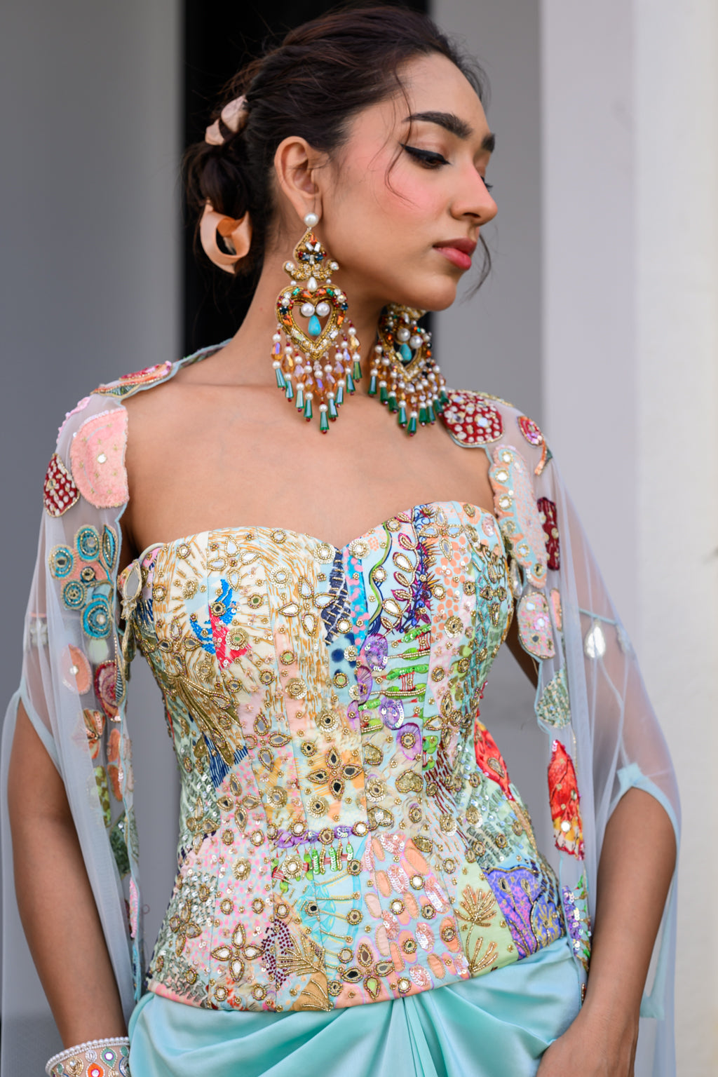 Gardenia Highlighted Corset With Dhoti Skirt And Cape