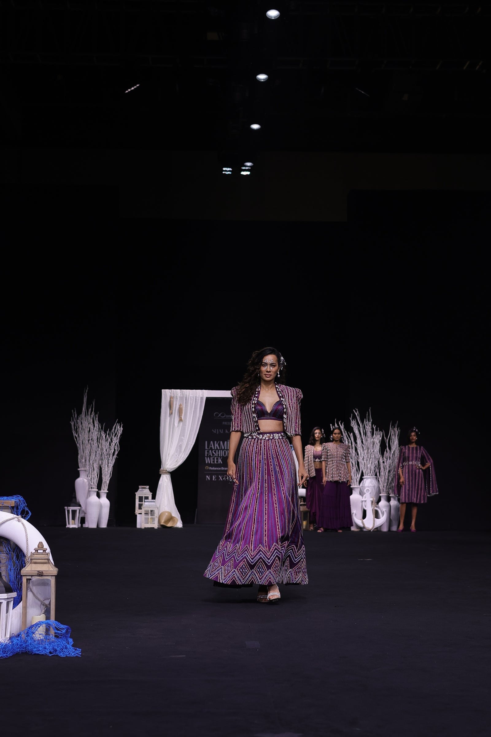 Dark purple Fully embellished Ajrakh lehenga and jacket with bralette