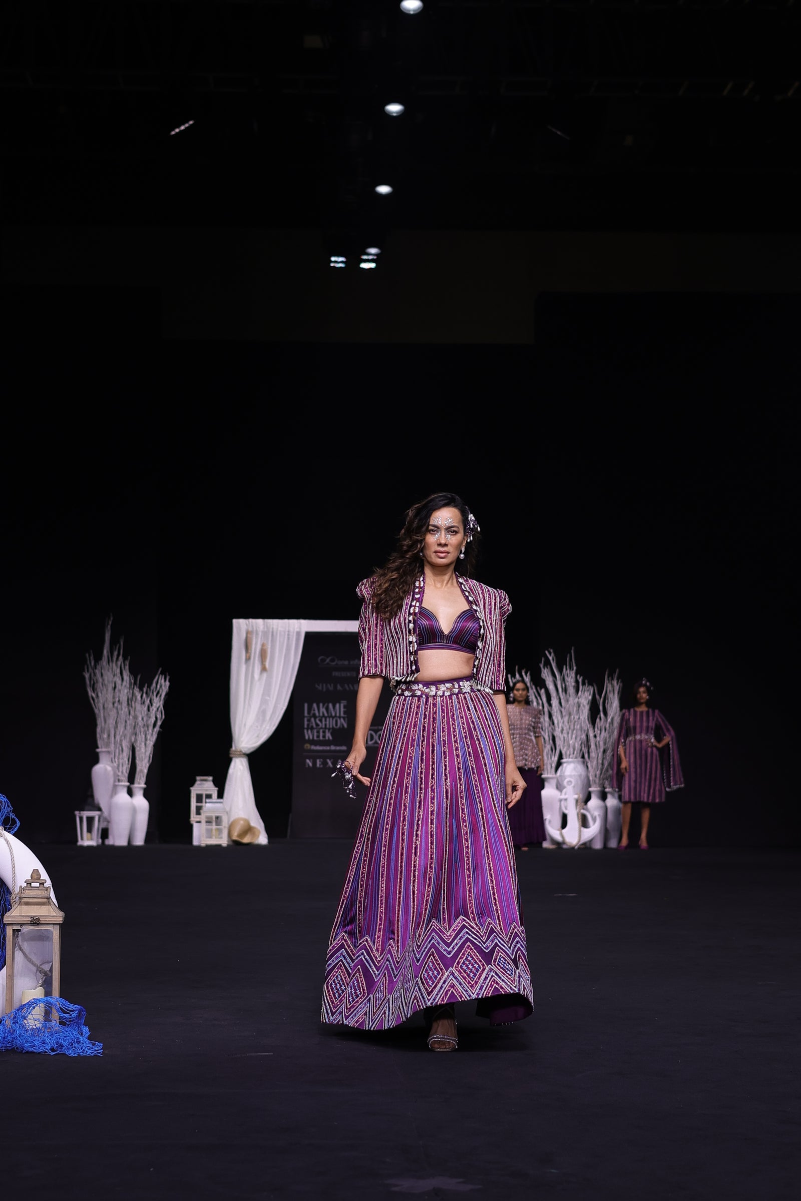 Dark purple Fully embellished Ajrakh lehenga and jacket with bralette