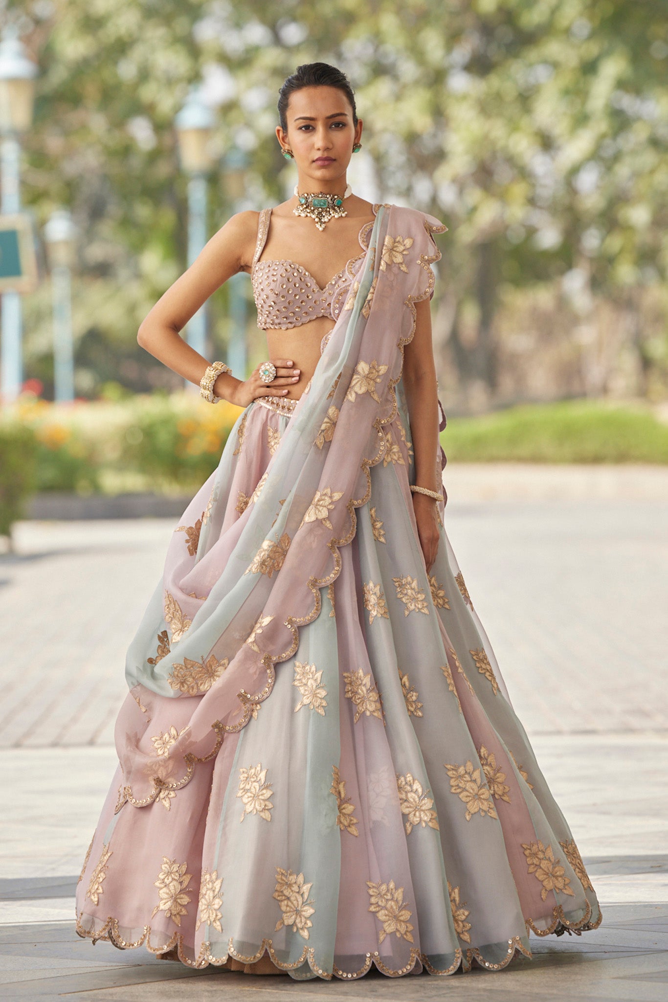 Ash Pink Flower Lehenga Set