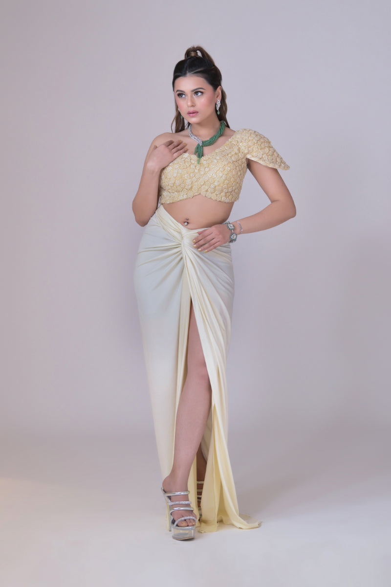 Ivory off Shoulder Crop Top with Emblished Pants