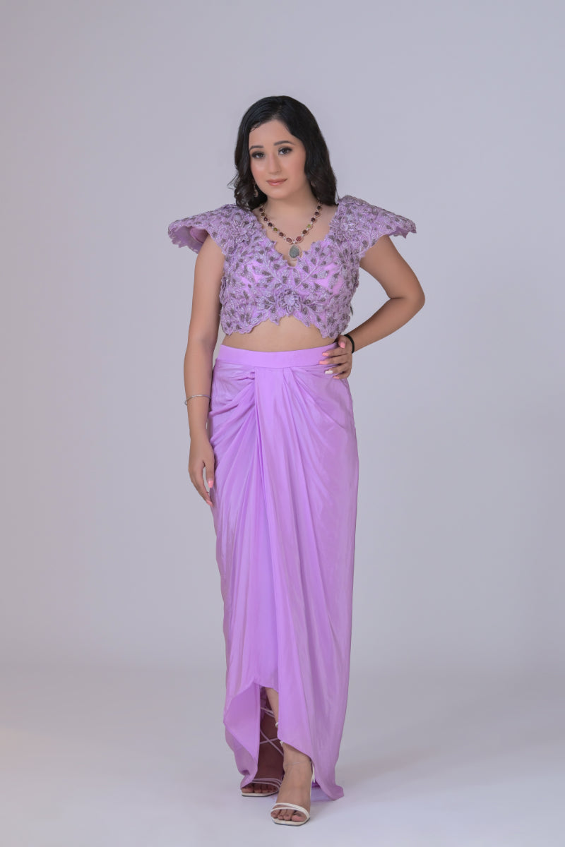 Lilac Power Shoulder Crop Top and Skirt Set
