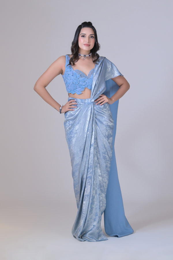 3D Hand Embroidary Shimmer Saree Set