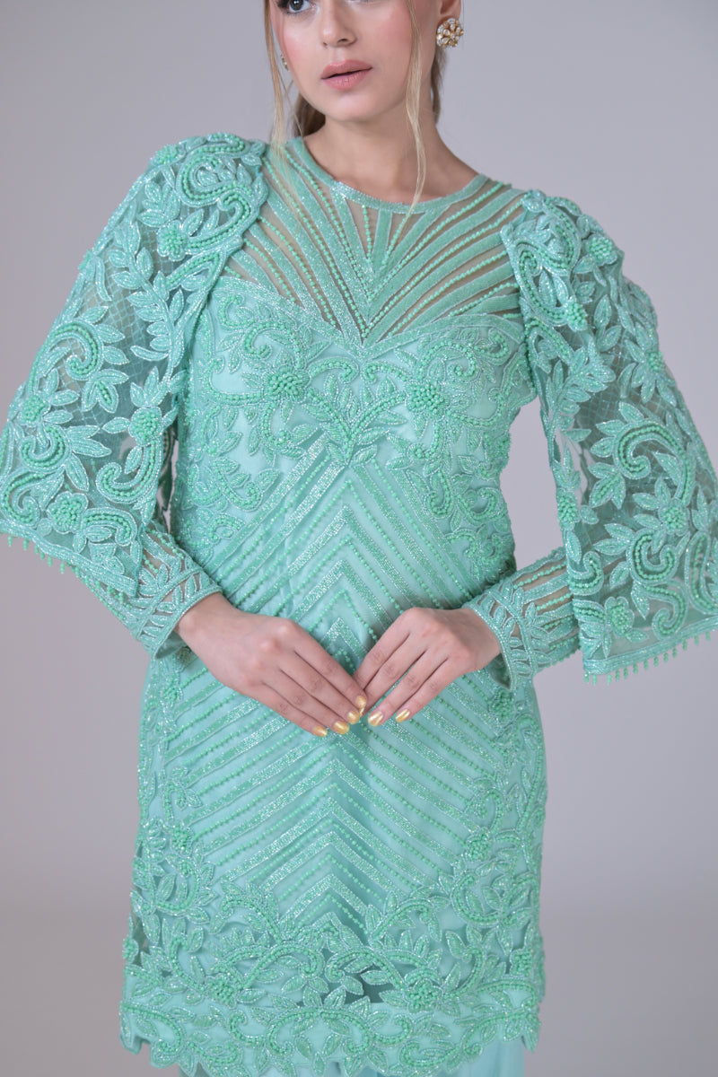 Mint Green Emblished Short Shirt with Crepe Sleeves