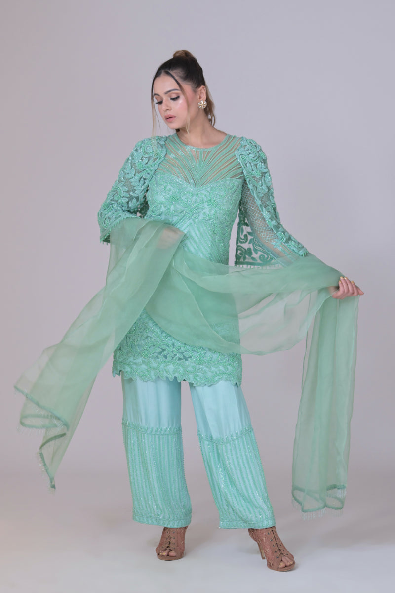 Mint Green Emblished Short Shirt with Crepe Sleeves