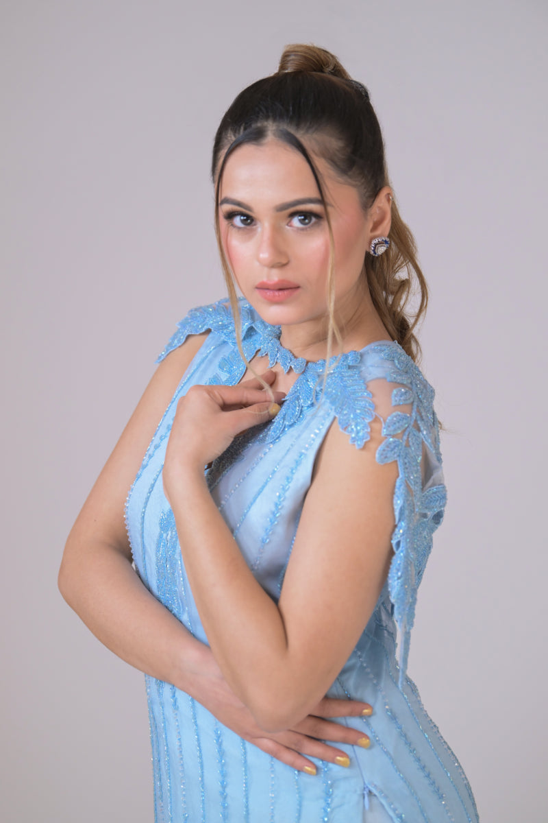A ice blue organza straight shirt with all handwork