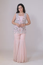 Multi colored Cut Sleeve Jacket with Gharara and Organza Frill Dupatta