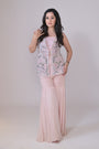Multi colored Cut Sleeve Jacket with Gharara and Organza Frill Dupatta