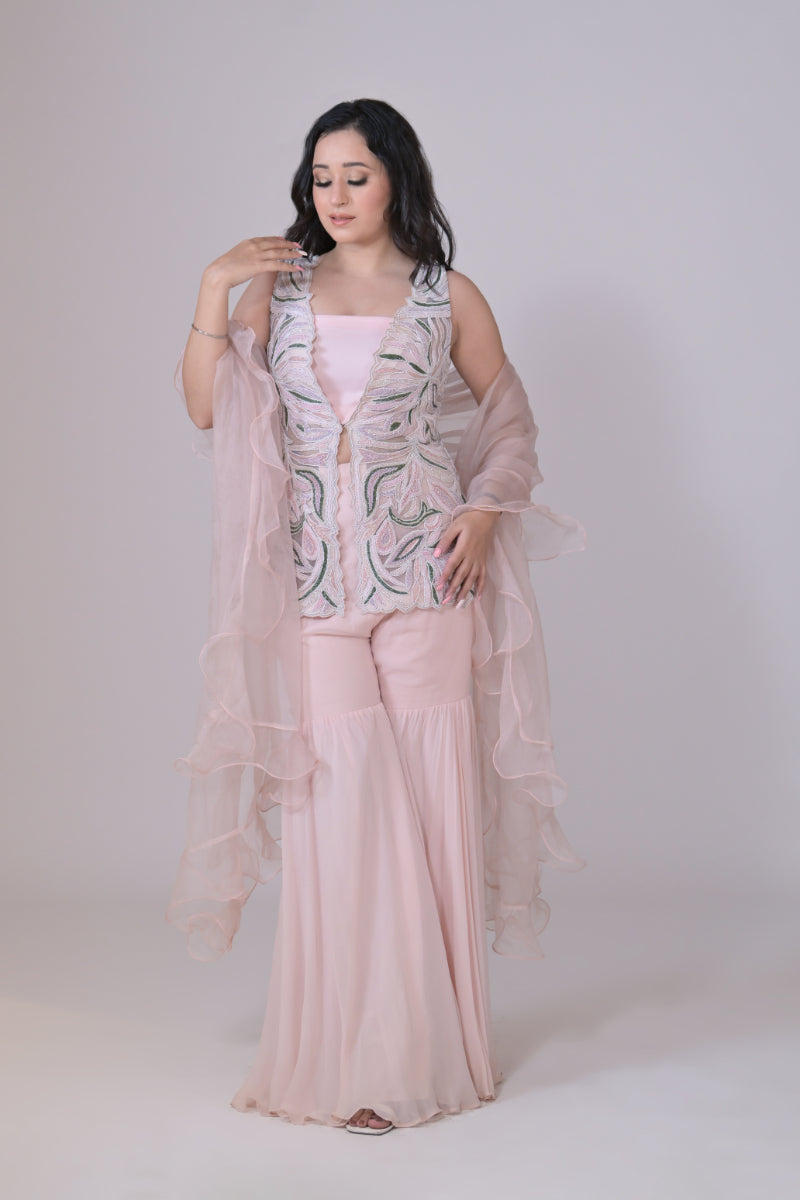 Multi colored Cut Sleeve Jacket with Gharara and Organza Frill Dupatta