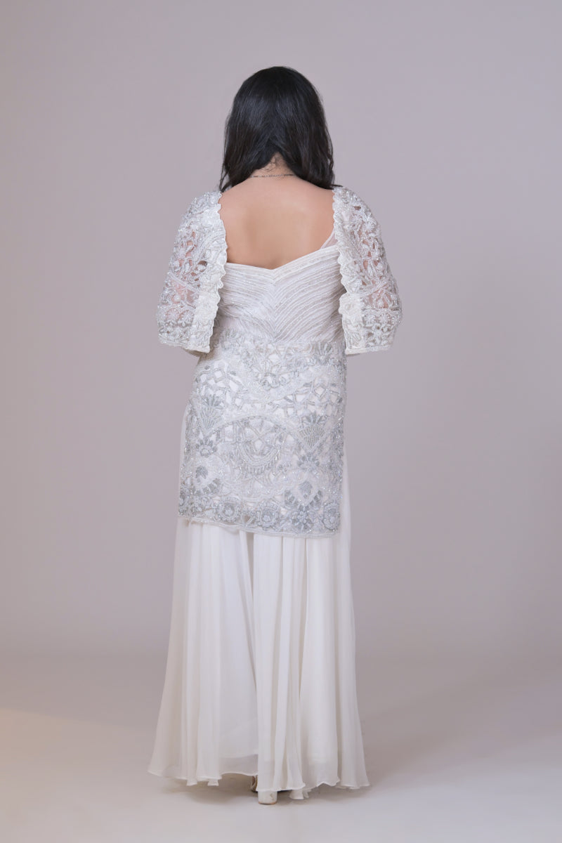 White Emblished Short Shirt with Cape Sleeves and Sharara