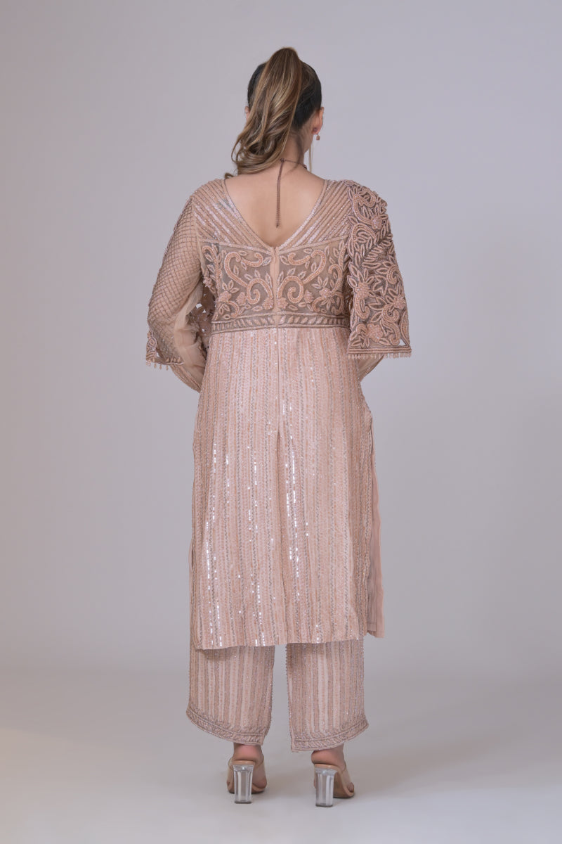 Dusty pink  silk Kurta with all hand Embroidery