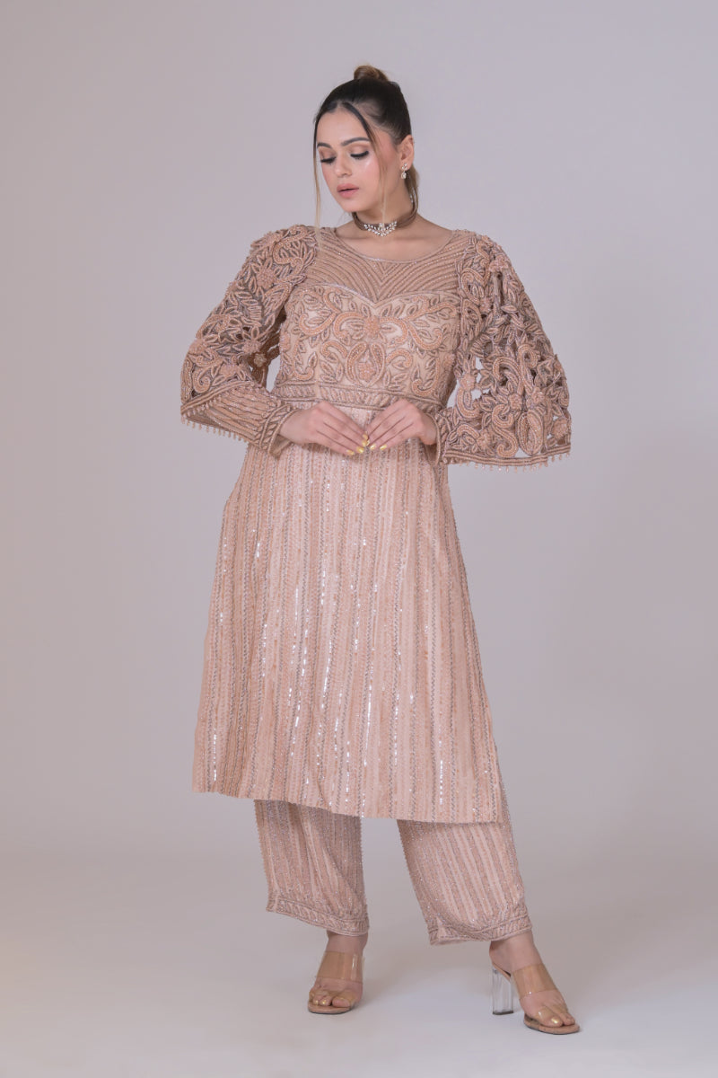 Dusty pink  silk Kurta with all hand Embroidery