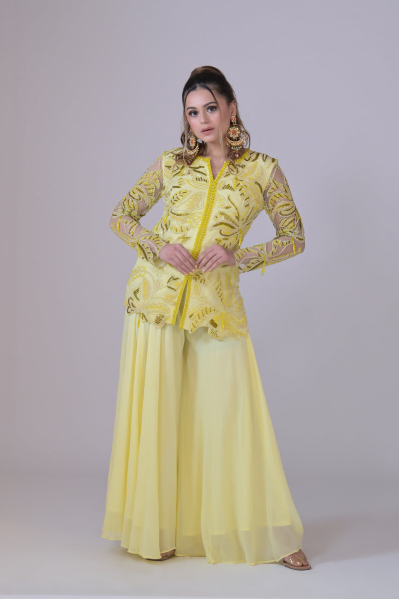 Lemon Yellow Floral Work Jacket with Sharara