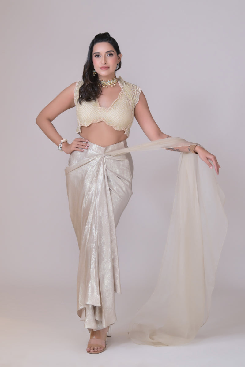 A Georgette Shimmer  Pre Stitched Drape saree