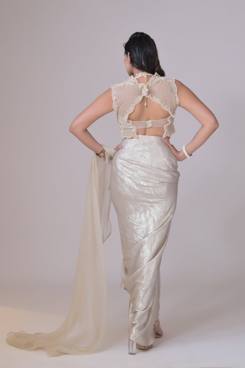 A Georgette Shimmer  Pre Stitched Drape saree