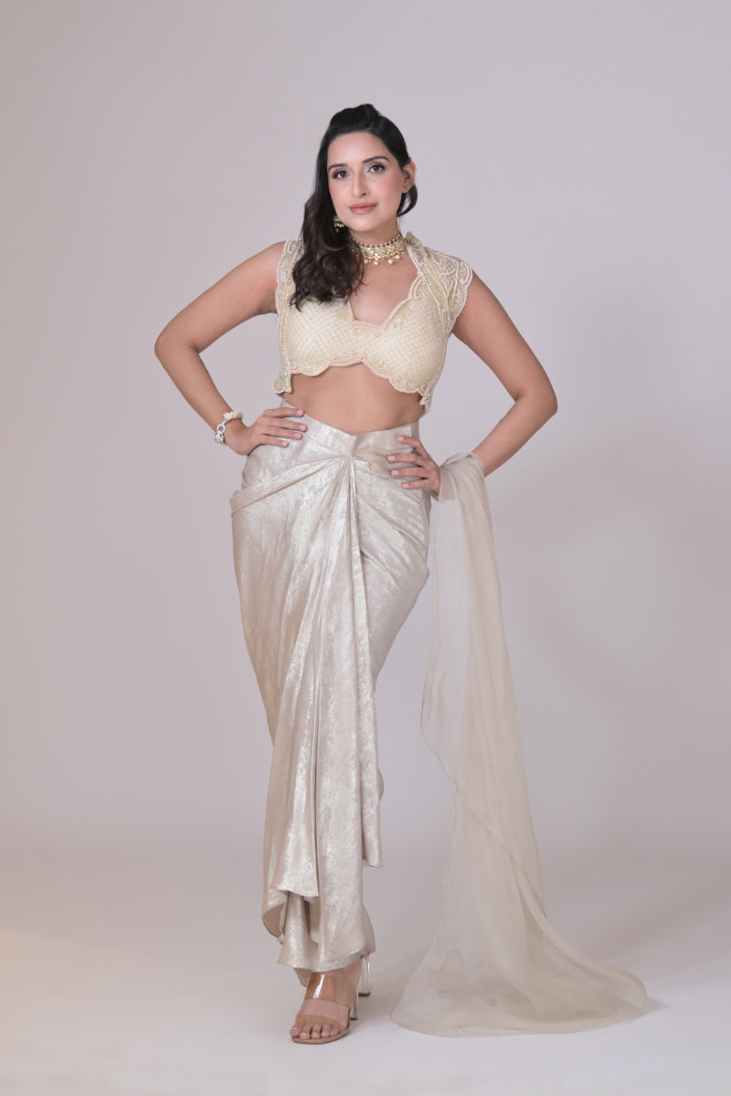A Georgette Shimmer  Pre Stitched Drape saree