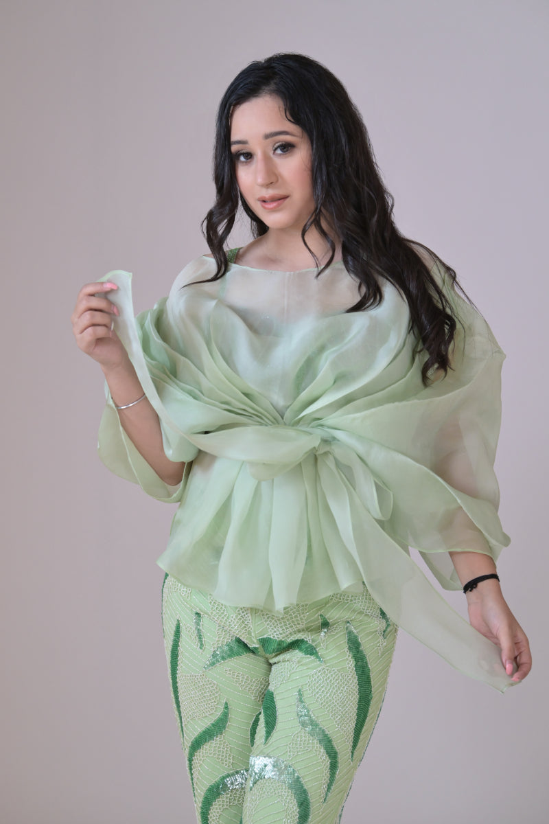 Light green hand embelished pants and an organza drape top
