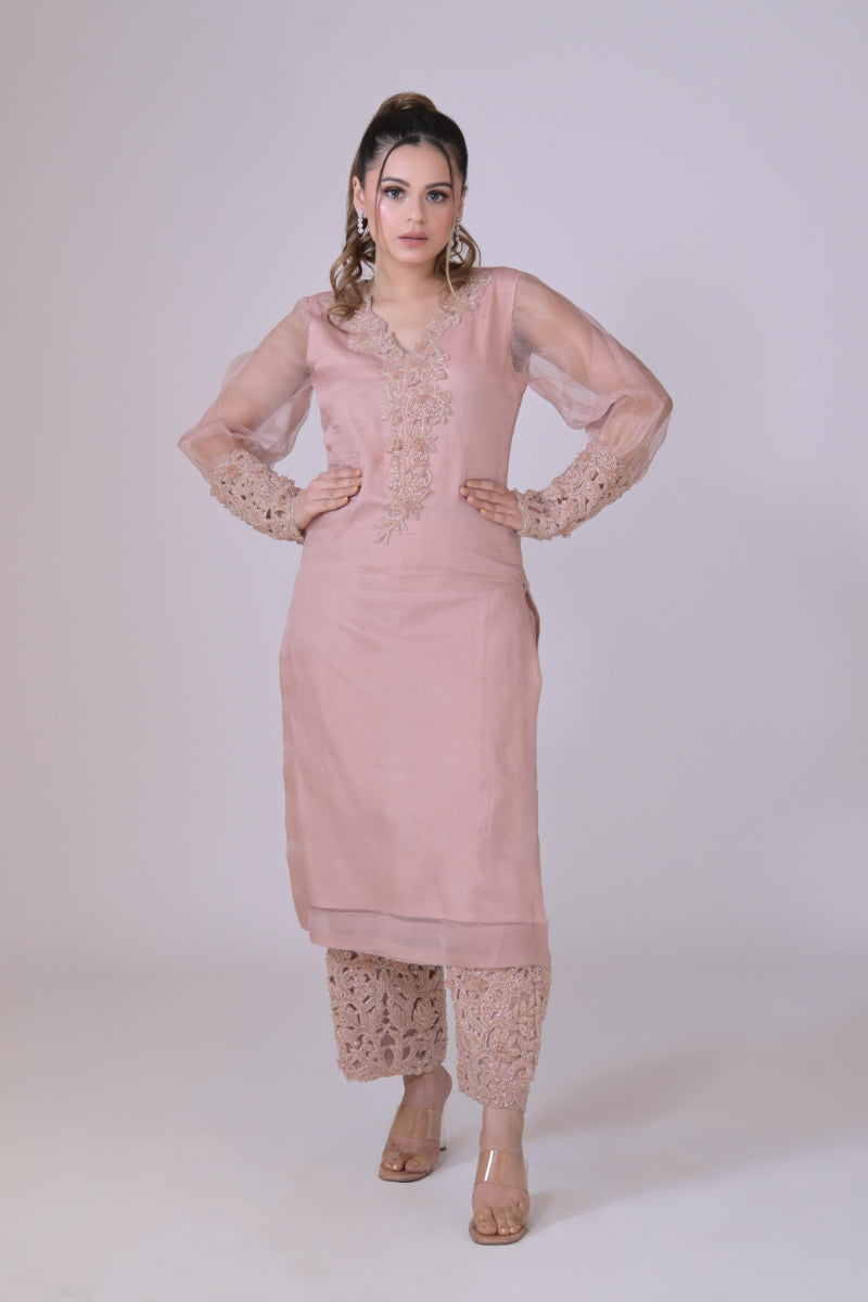 Nude pink organza shirt with neck and arms handwork