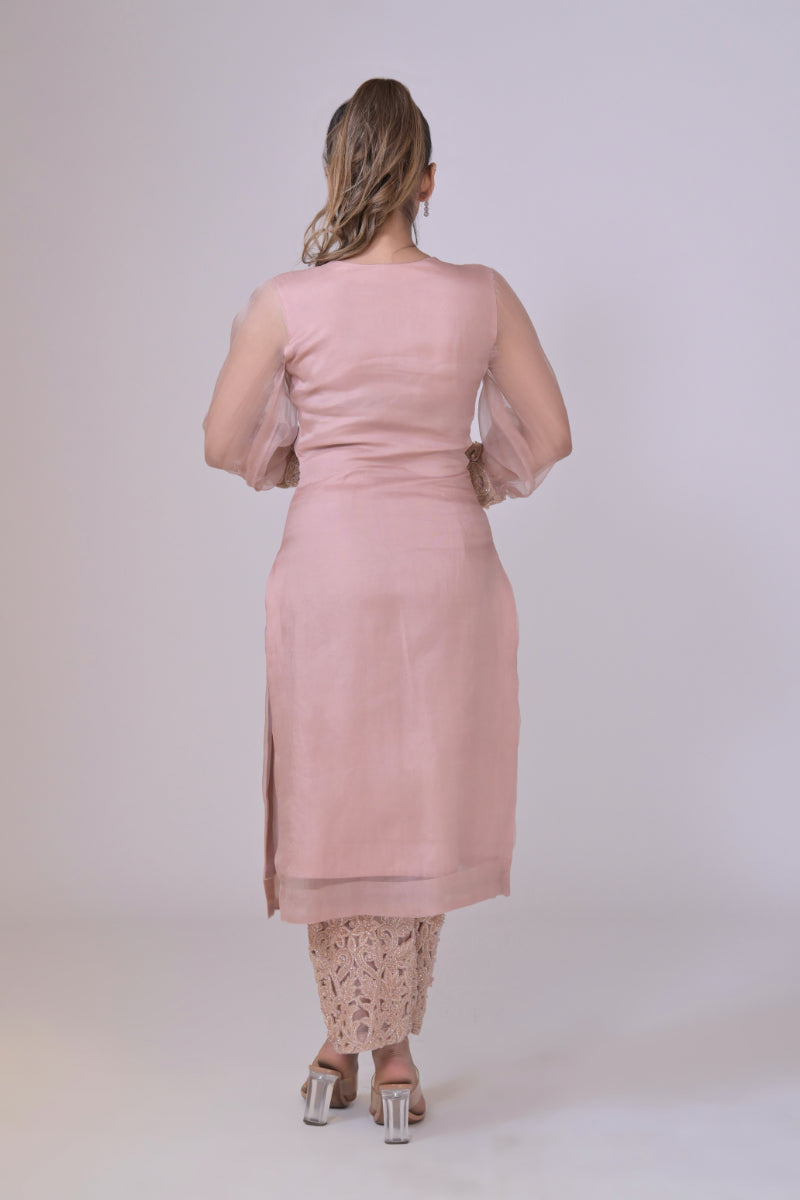 Nude pink organza shirt with neck and arms handwork