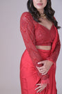 Red drape skirt and a hand beaded crop blouse