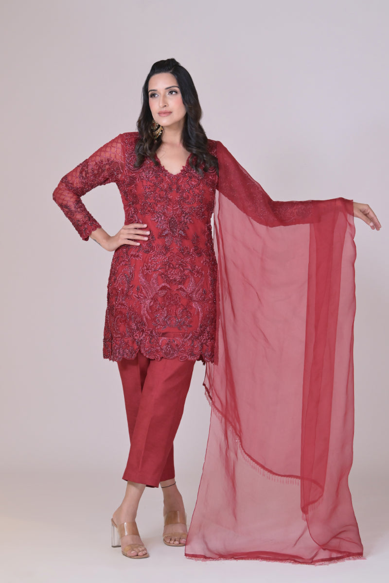 Red short shirt with silk pants and organza dupatha
