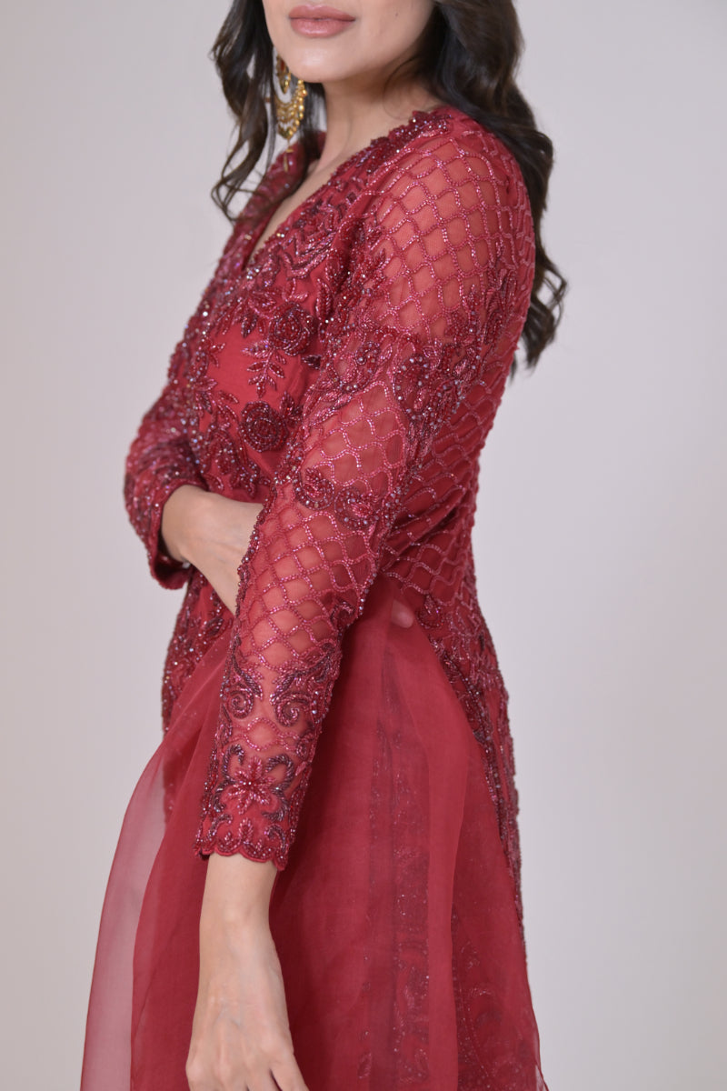 Red short shirt with silk pants and organza dupatha