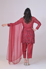 Red short shirt with silk pants and organza dupatha