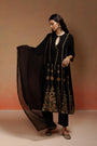 Black Raw Silk Anarkali Set with Gold-Rust Embroidery