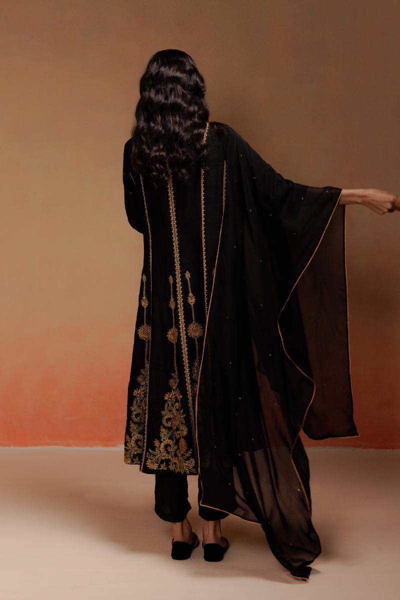 Black Raw Silk Anarkali Set with Gold-Rust Embroidery
