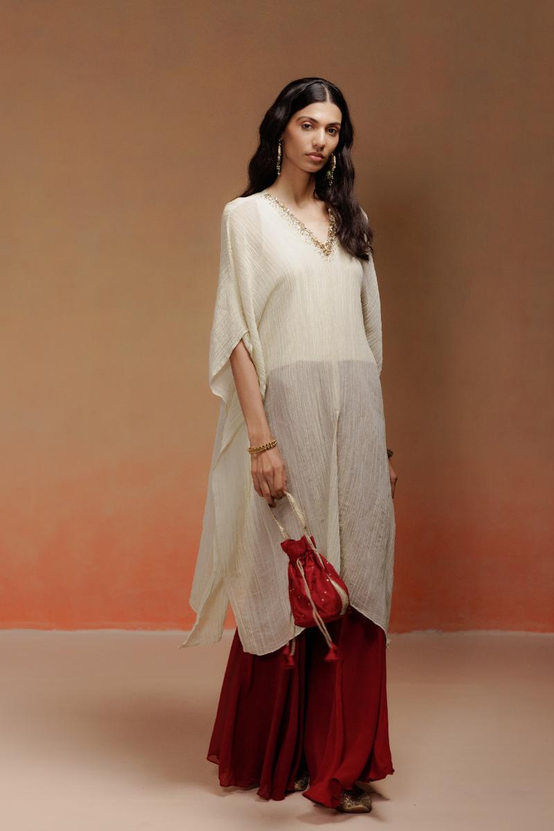 Crushed Tissue Kaftan Set with Stone Neckline