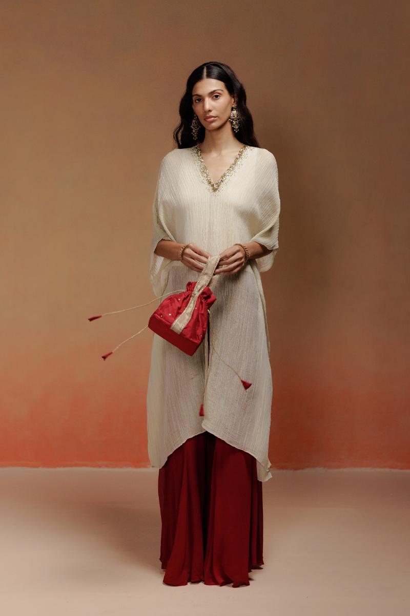 Crushed Tissue Kaftan Set with Stone Neckline