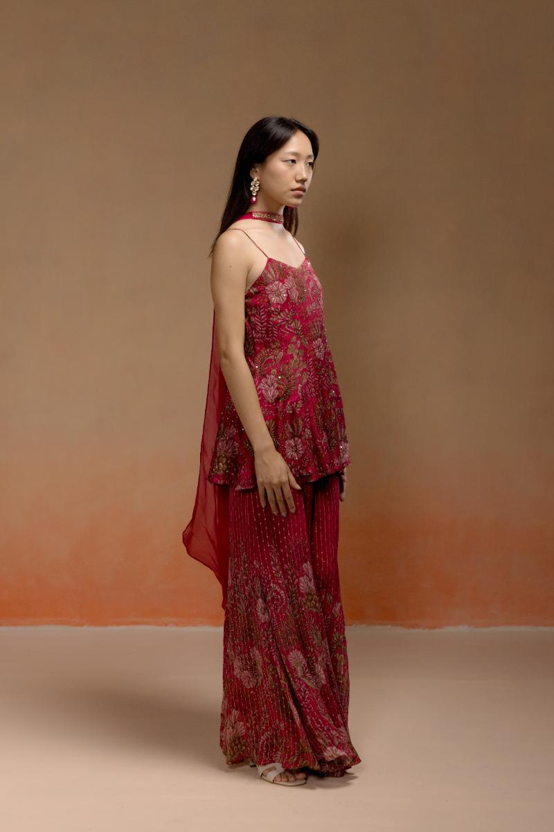 Wine Printed Kurta Set with Jacquard Sharara and Choker Dupatta