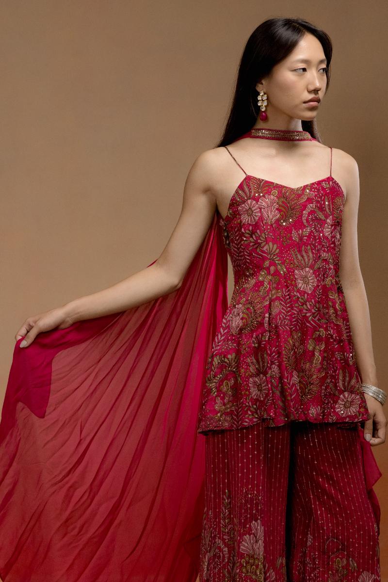 Wine Printed Kurta Set with Jacquard Sharara and Choker Dupatta