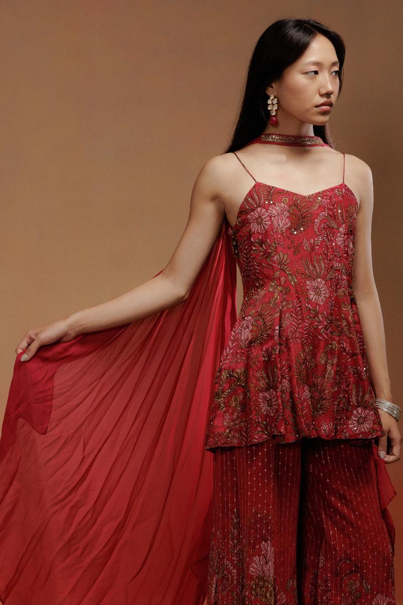 Wine Printed Kurta Set with Jacquard Sharara and Choker Dupatta