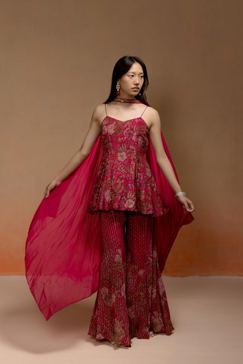 Wine Printed Kurta Set with Jacquard Sharara and Choker Dupatta